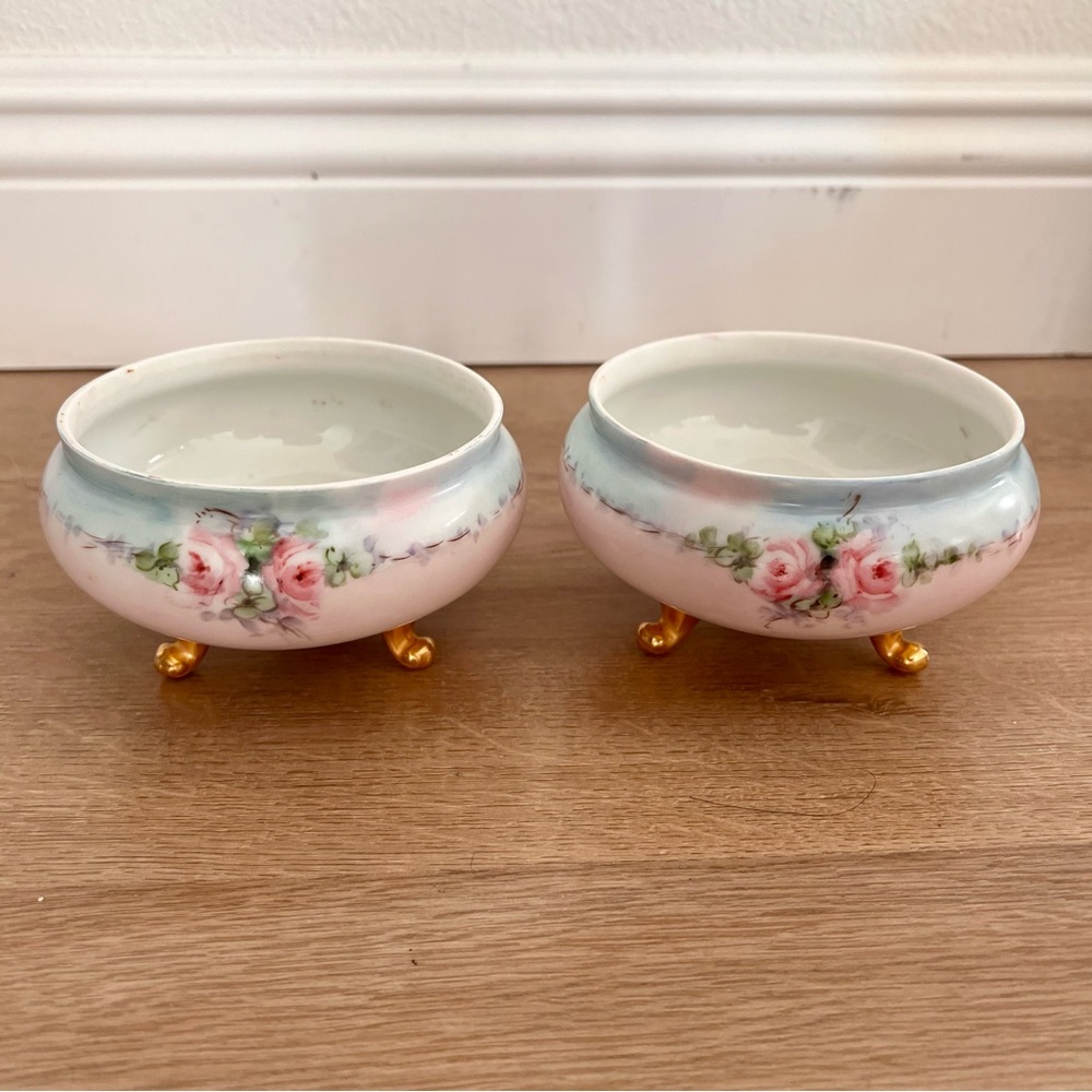2 PCs Antique M.Z. AUSTRIA Porcelain Footed Bowls Hand Painted Signed By Burbien